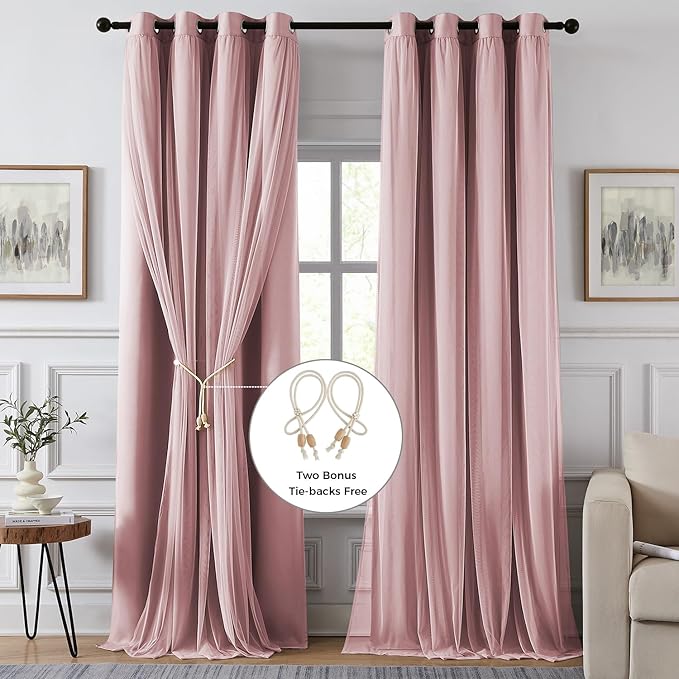 100% Blackout Curtains for Bedroom, Double Layer Pink Curtains, Black Out Curtain 84 inch Long with Sheer Overlay for Living Room, Room Darkening Window Drapes with Grommet, 52" W x 84" L