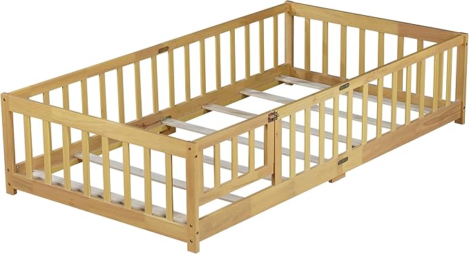 Twin Size Floor Bed for Kids, Wood Montessori Floor Beds with Fence Railings, Door & Slats Support, Twin Playhouse Bed Frame for Boys Girls, No Box Spring Needed, Natural
