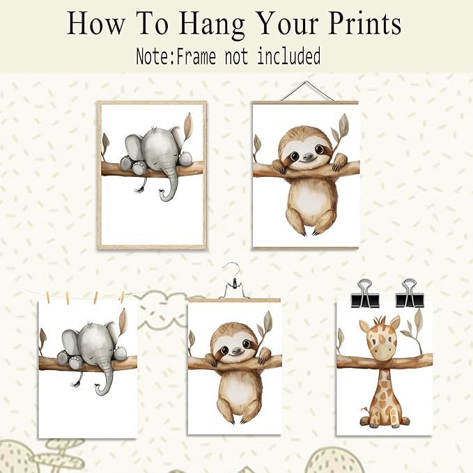 3Pcs Nursery Animal Wall Art Safari Nursery Canvas Poster Prints Jungle Kids Painting Cute Animal Elephant Sloth Giraffe Artwork Picture Wall Decor for Boys Room Girls Room 12x16in Unframed