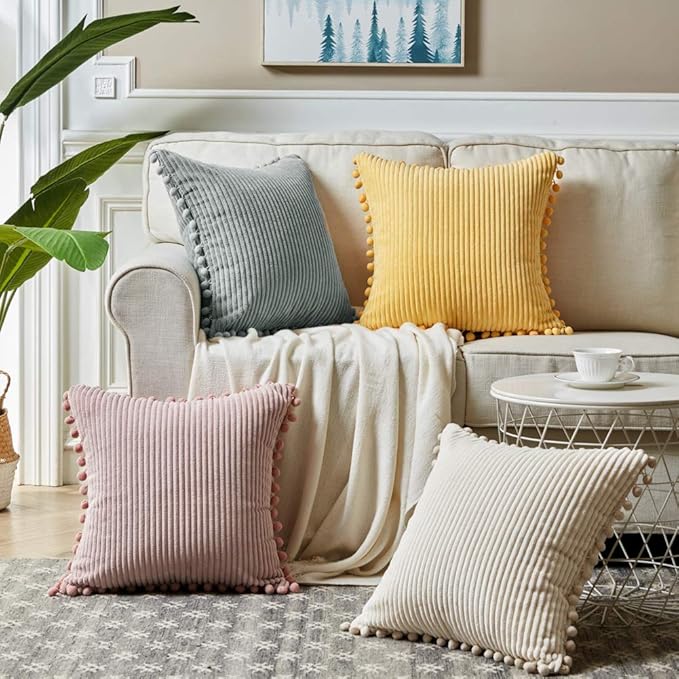 Fancy Homi Pack of 2 Decorative Throw Pillow Covers with Pom-poms, Soft Corduroy Solid Square Cushion Case Pillow Cases Set for Couch Sofa Bedroom Car Living Room (18x18 Inch/45x45 cm, Blush Pink)