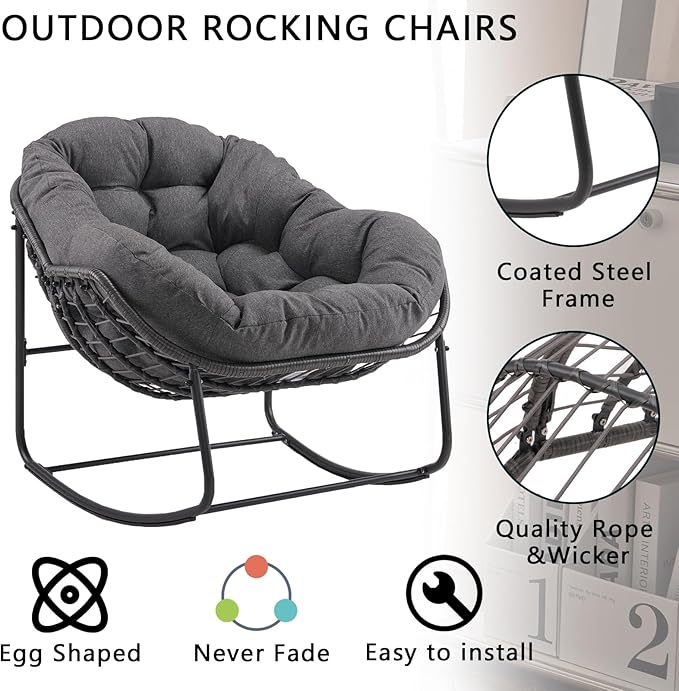 Oversized Outdoor Papasan Rocking Chair Set of 2 with Soft Cushion, Comfy Patio Egg Chair, Wicker Lounge Rocker for Balcony/Porch/Garden, Reinforced All Weather Rattan Frame, Dark Grey