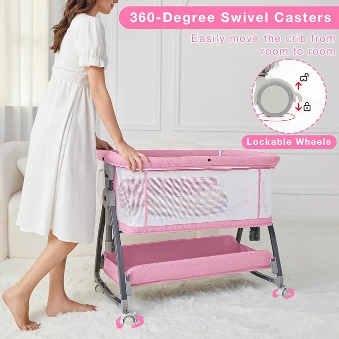 Pink Bassinet for Baby Girl, Baby Bassinets Bedside Sleeper with Mattress and Wheels for Newborn and Infant, Height Adjustable with Breathable Mesh and Mosquito Net