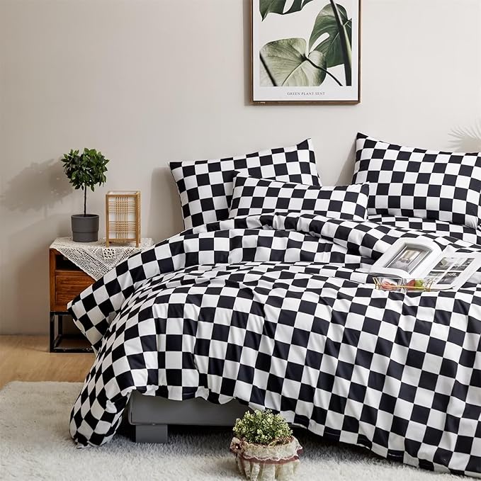 Houseri Black and White Buffalo Plaid Duvet Cover Twin Size Checkerboard Bedding Set