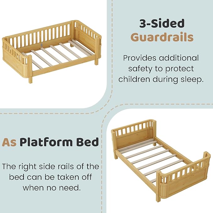 Twin Bed Frames Kids with Rails, Wood Montessori Twin Bed with Slats Support, Modern Low to Ground with Removable Bed Rails for Girls Boys Bedroom Living Room, Natural