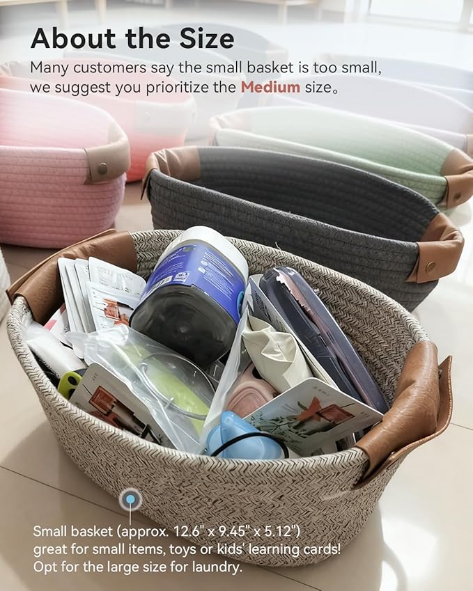 Small Cotton Woven Basket with PU Leather Handle, Baby Kids Clothes Toys Candy Gifts Cotton Rope Organizer, for Living Room Bathroom Shower Storage Laundry, Dog Cat Bed, Cute Decor, White