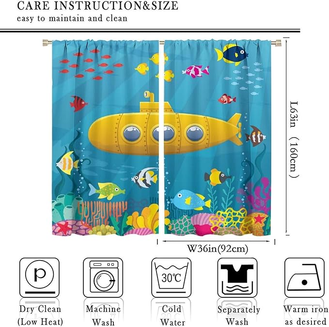Boy Window Curtains Submarine Window Drapes Yacht Window Treatments Underwater World Oasis Thermal Drapes for Kids Girls Toddler Teens Room Dorm Decor Set 2 Panels,72x63 Inches, Style-1