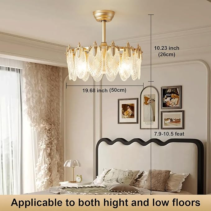 Crystal Fandelier Ceiling Fan with Light Chandelier Fan Glass Semi Flush Mount Remote Control 6 Speeds 20 Inch Low Profile for Girl's Bedroom Living Room Kitchen Island
