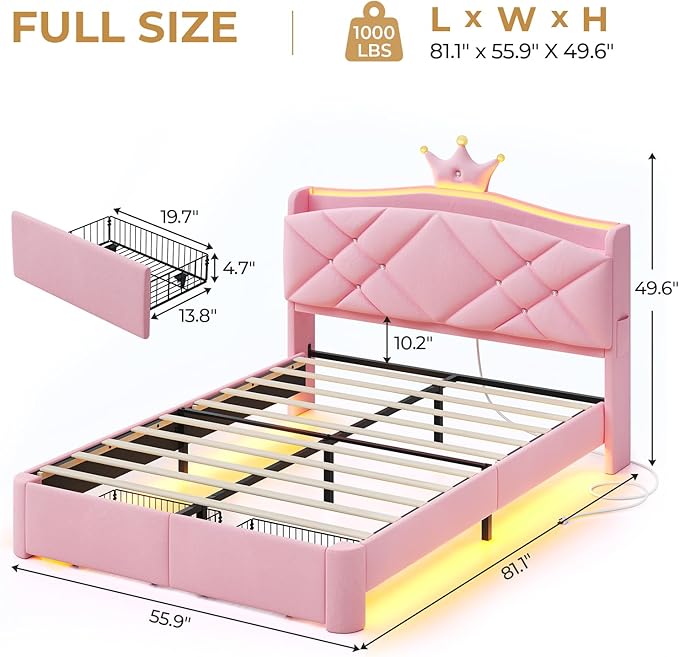 MSmask Full LED Bed Frame with Storage Headboard & 2 Storage Drawers, Princess Upholstered Bed with Charging Station & Crystal Button & Crown, Velvet Platform Bed for Girls, Curved Legs, Pink