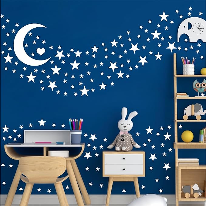 Easma Star Wall Decals (191stars+1moon+1heart) 3 Size White Stars and Moon Decals Removable Peel and Stick Stickers Fits Kids Room Decor
