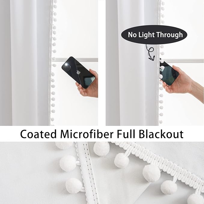Treatmentex White Blackout Curtains for Living Room Bedroom 90inch Long Pom Pom Curtain Panels for Windows Thermal Insulated Curtains for Kids Nursery Room Rod Pocket 52" W x 2pcs