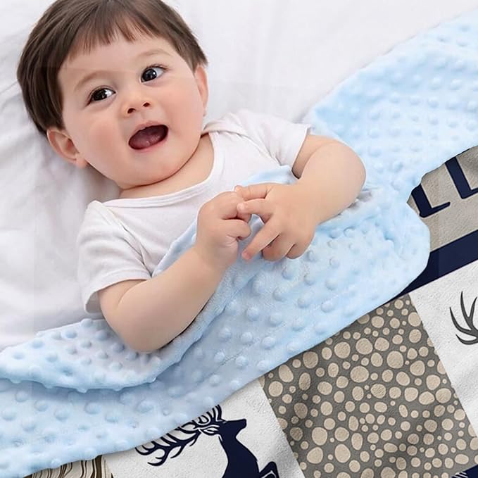Personalized Baby Blanket with Name – Woodland Antlers Theme Navy Soft Receiving Blanket for Newborn Boys Girls, Custom, Cozy Nursery Decor for Toddlers