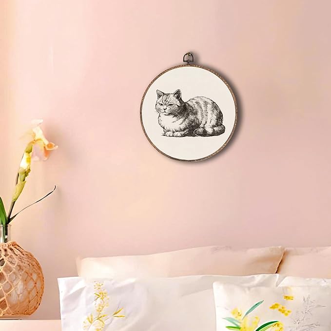 Vintage Cat Round Wall Art Framed, Cat Lover Mom Lady Gifts Round Wall Decor, Retro Pet Kitty Kitten Hanging Canvas Prints Wall Sculptures for Bedroom Living Room Home Decor, 10x10 Inch