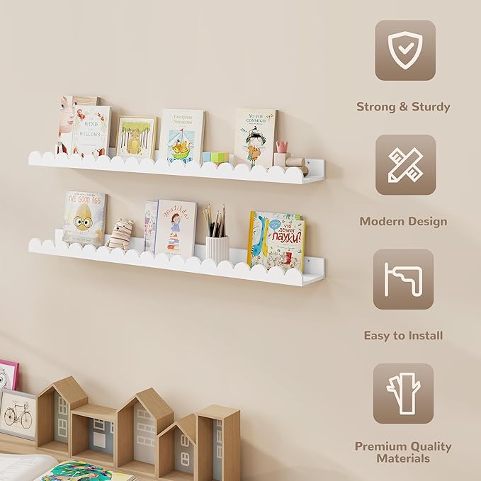 Fun Memories 36 Inch Scalloped Nursery Shelf, White Picture Ledge for Wall, Set of 2, Kids Book Shelves with Floating Design for Kids Rooms, Bedroom
