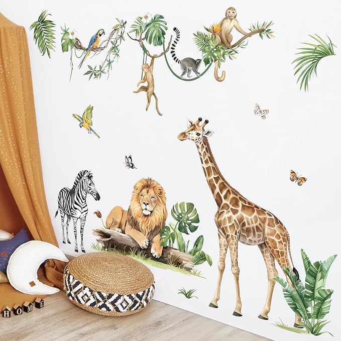decalmile Large Jungle Animal Tropical Leaves Wall Decals Safari Tree Lion Giraffe Monkey Wall Stickers Baby Nursery Kids Bedroom Living Room Wall Decor