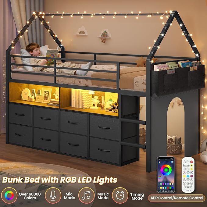 BTHFST Twin Size Loft Bed for Kids, 8 Storage Drawers & LED Lights, House Shaped Metal Bed with Bookcase, Soft Foam Ladder, 13.4" Safety Guardrail, Space Saving, Fun Curtain