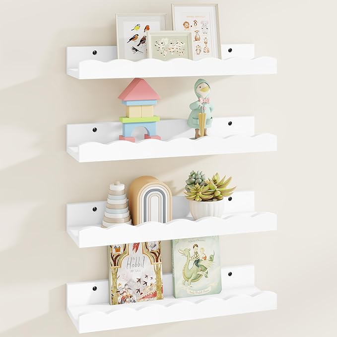 Fun Memories Picture Ledge Shelf for Wall, 16 inch Pine Wood Nursery Book Shelves Set of 4- Wall Book Shelves for Kids Room, Home Decor - Kitchen Spice-White