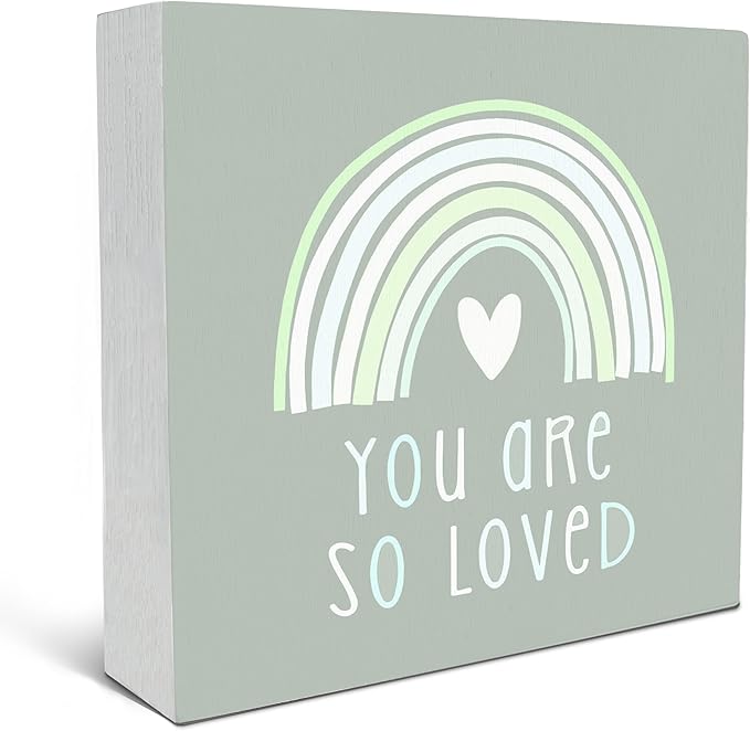 SRADMO You Are So Loved Rainbow Heart Wood Box Sign Desk Decor, Green Kids Inspirational Quotes Wooden Block Box Sign Decoration for Kids Room Nursery Playroom Shelf Table Decorative Accessories