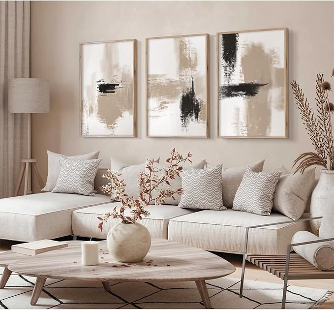Joocrise Beige Abstract Wall Art Painting Set of 3 Neutral Canvas Wall Art Prints Black Beige Modern Wall Decor Minimalist Art Pictures Abstract Modern Artwork for Room Bedroom 12x16 Inch Unframed