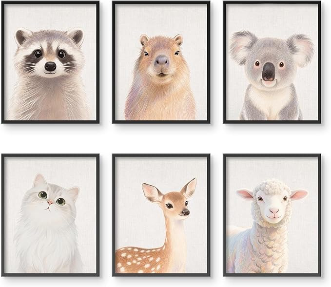 Baby Safari Nursery Wall Decor - Picture Cute Animal Wall Prints on Canvas, Under 20 Dollars Gifts for Baby Boys & Girls Room, UNFRAMED Wall Art Set of 6-12" x 16"