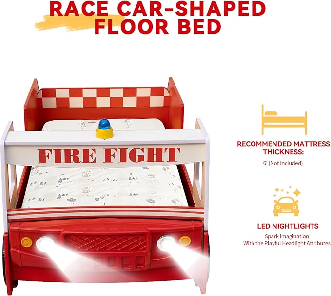 HMFULE Twin Bed Frames for Kids, Wood Fire Truck-Shaped Bed Frame Platform with Wheels LED Lights & Slat Support for Toddler, Teens, Boys or Girls, No Box Spring Needed (Red)