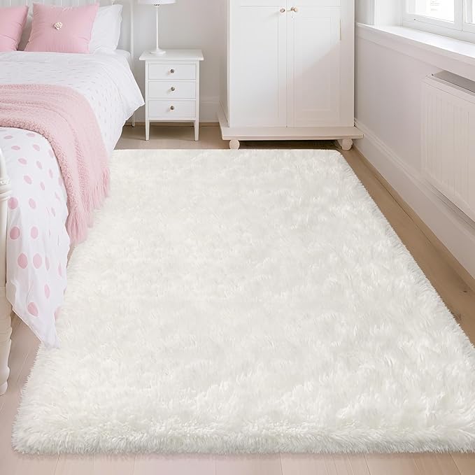 Soft Fluffy White Rug for Bedroom Living Room, 4x6 Furry Cream Area Rug Soft Fuzzy Shag Carpet for Boys Girls Room Dorm Dresser Bedside, Plush Thick Throw Kids Shaggy Rug Non-Slip for Nursery