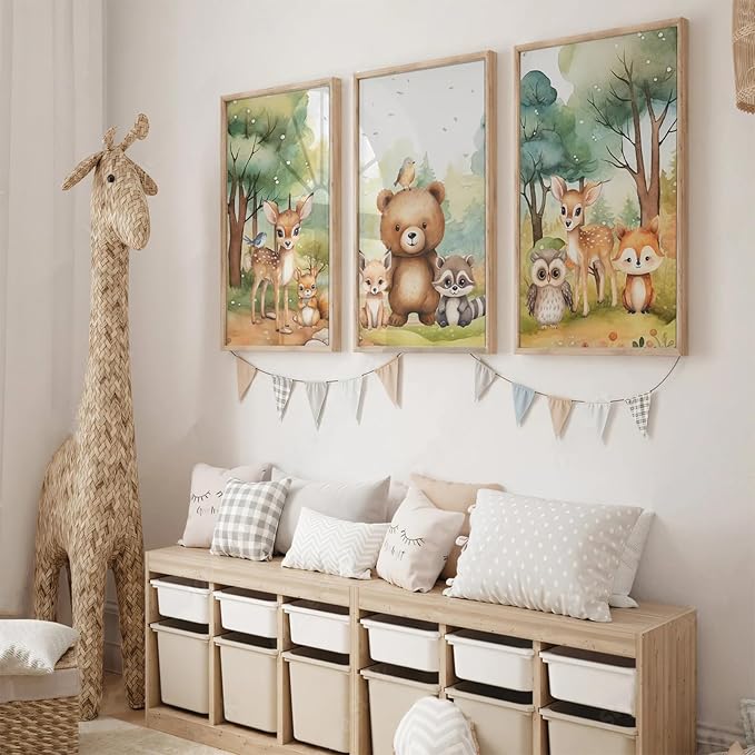 3Pcs Woodland Animal Nursery Wall Art Forest Animal Wall Decor Cute Watercolor Deer Bear Fox Poster Canvas Prints Paintings Pictures Artwork for Kids Baby Bedroom Decor Unframed Poster 12X16in