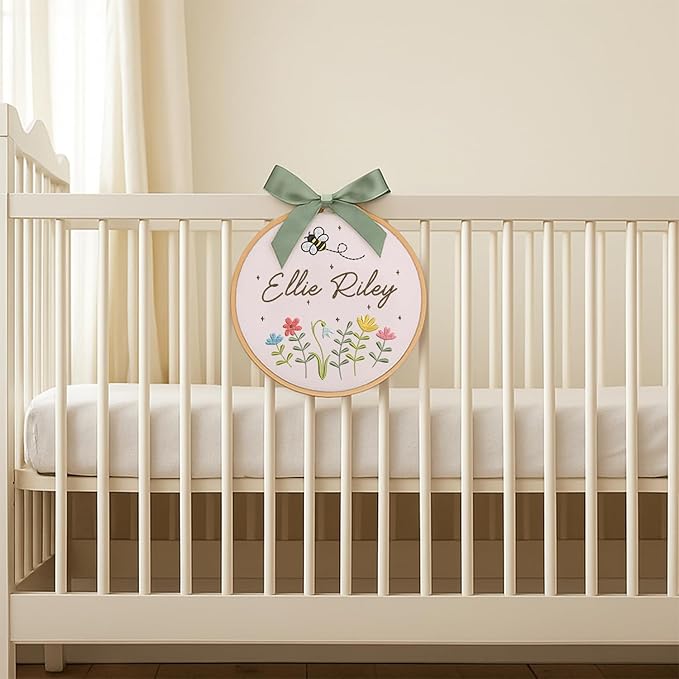 Personalized Baby Name Sign Welcome Baby Announcement Sign Newborn Baby Embroidery Hoop with Bows Baby Hospital Name Sign Custom Infant Baby Name Baby Shower Gifts (07)