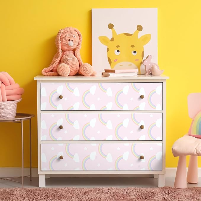 CHIHUT Cute Whimsical Rainbow Clouds Wallpaper Soft Pink Colorful Rainbows Clouds Stars Wallpaper for Kids Room Peel and Stick Wall Paper Self Adhesive Removable Contact Paper for Cabinets 17.7”x236”