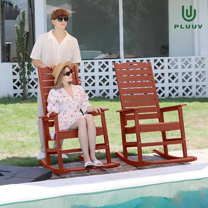 Outdoor Rocking Chair with Removable Footboard for Adults, HDPE High Back Patio Rocking Chairs, 330lbs All Weather Porch Rocking Chairs for Outdoor & Indoor -Reddish Brown