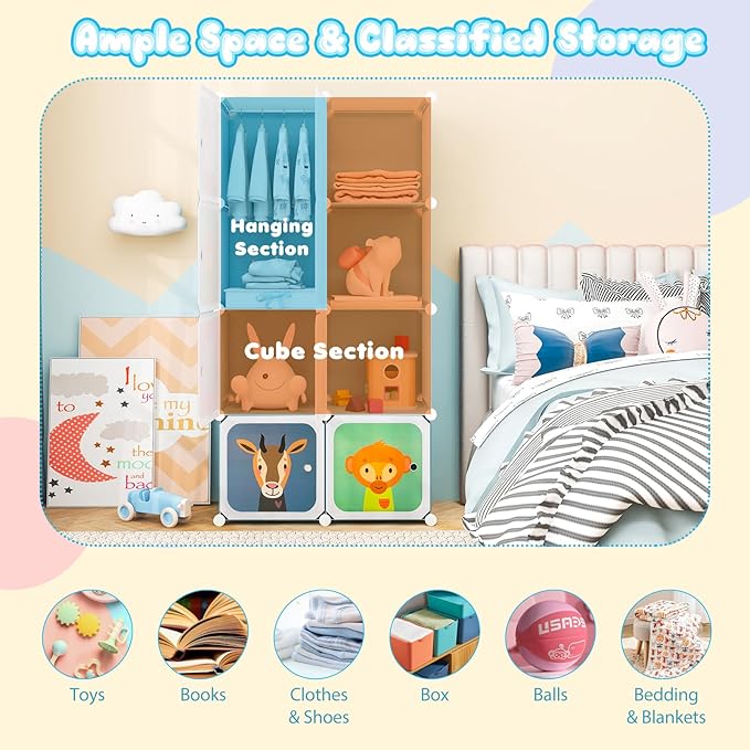 Costzon Kids Closet, Cartoon DIY Modular Dresser Storage Organizer with 8 Cubes & Clothes Hanging Rack, Portable Armoire for Baby Toddlers, Kids Wardrobe for Bedroom Nursery, Blue