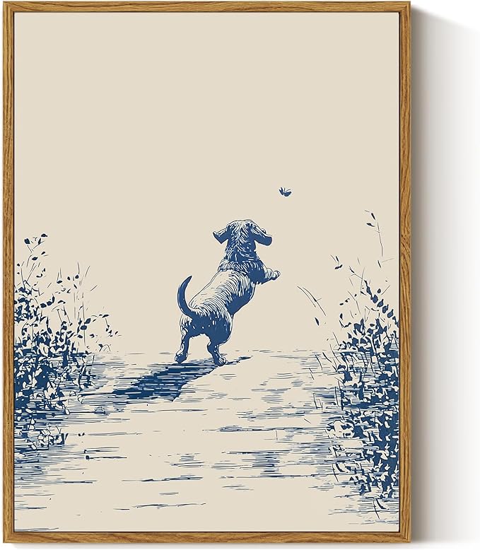 ARPEOTCY Vintage Framed Canvas Wall Art, 12x16inch, Farmhouse Happy Dog Wall Decor, Animal Art Prints Home Decorations, Sketch Paintings for Living Room Bedroom Shelf Decor