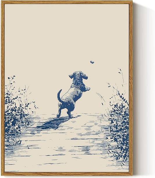 ARPEOTCY Vintage Framed Canvas Wall Art, 12x16inch, Farmhouse Happy Dog Wall Decor, Animal Art Prints Home Decorations, Sketch Paintings for Living Room Bedroom Shelf Decor