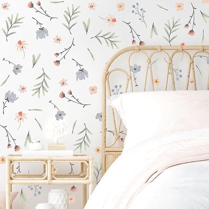 Boho Floral Wall Decals Small Flower Leaf Wall Sticker Botanical Plant Green Leaves Wall Decals Removable Tree Leaf Decal Boho Floral Stickers for Nursery Girls Room Bedroom Decor