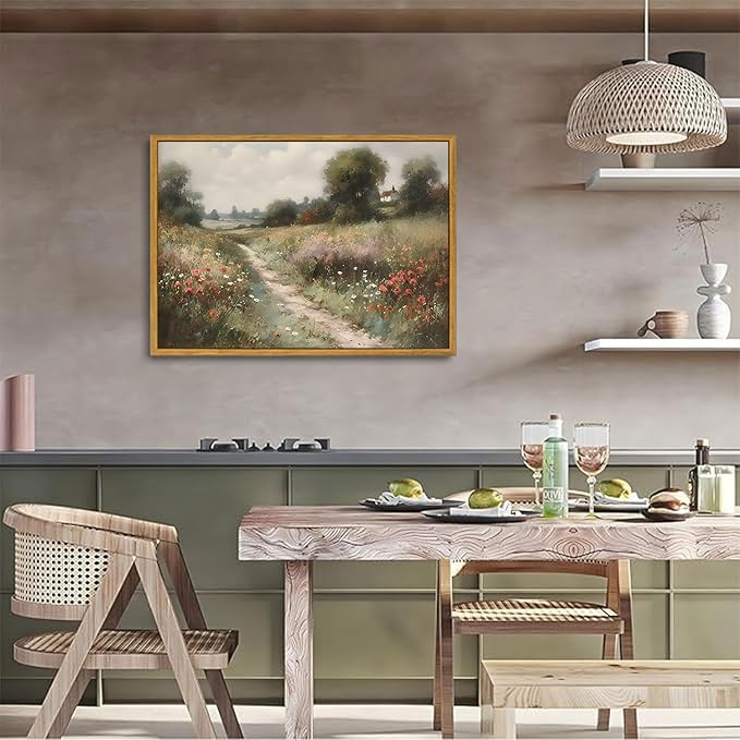 OIQArtOIQ Vintage Landscape Canvas Wall Art Framed Natural Scenery Painting Artwork Prints France Country Wilderness Farmhouse Decor Pictures Kitchen Bedroom Living Room Bathroom
