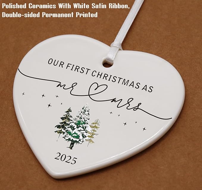 2025 for Newlywed Couples Wife Husband-Our First Christmas as Mr and Mrs-Wedding Gift,New Year Present-Ceramic Hanging Heart Shaped Ornament-Double Sided Printed