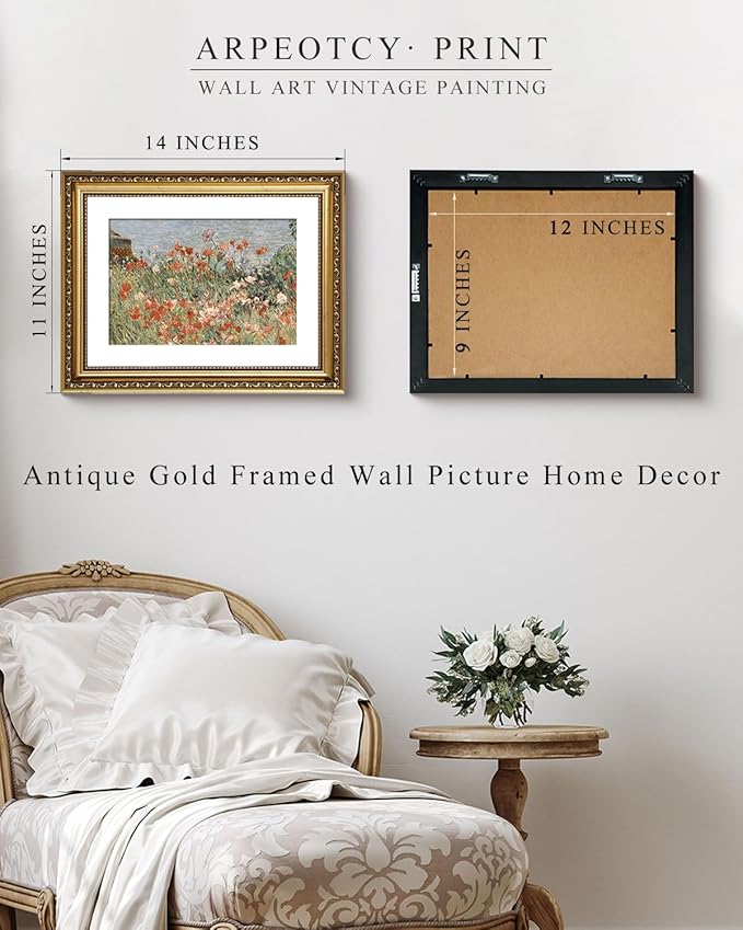 ARPEOTCY Vintage Gold Framed Wall Art, Retro Garden Shoals Sea Sky, Canvas Prints Artwork with Antique Frame, Victorian Wall Paintings Decor for Living Room Gallery, 11x14 inch