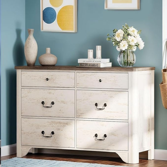 WAMPAT Baby Dresser with 6 Drawers for Bedroom, 47.2“ Wide Farmhouse Dresser with Large Drawers for Bedroom, Living Room, Hallway, White