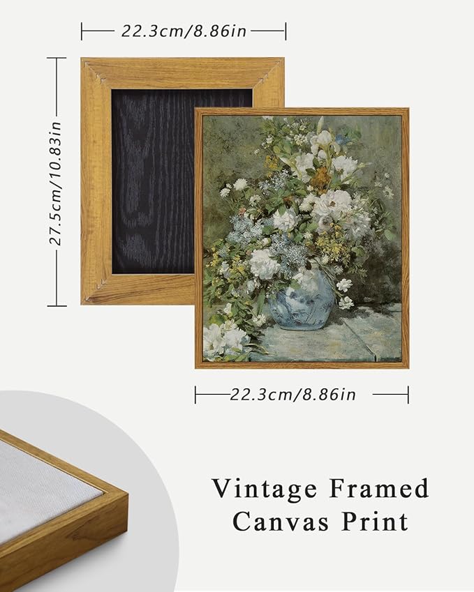 ARPEOTCY Floral Framed Canvas Wall Art Prints, Vintage French Flower Wall Art Home Decor, Ceramic Vase Floral Oil Painting for Living Room, Bedroom, Bathroom, Office Decor, 9"x11"