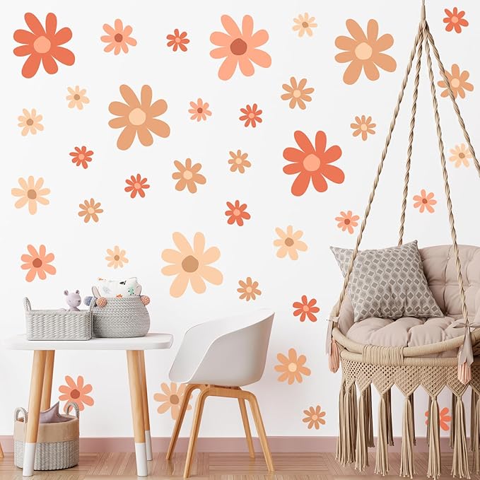 TaoBary 12 Sheets Daisy Wall Decal Flower Wall Sticker Cute Daisy Sticker Pink White Flower Decal Peel and Stick Floral Wallpaper for Nursery Bedroom Home Decor(Orange,Colorful Style)