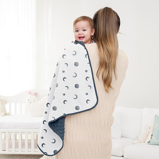 Susurration Baby Blanket for Unisex Boys Girls, Soft Nursery Minky Blanket with Muslin Cotton Front and Dotted Fleece Back, Receiving Blanket for Baby Newborn Infant, 30x40inch (Bluemoon)