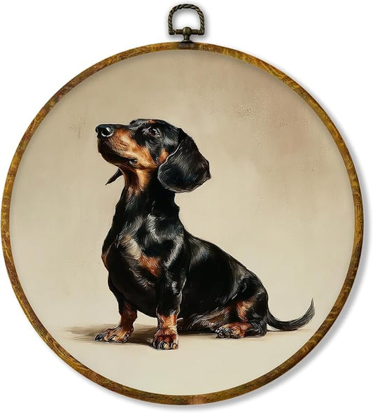 Hiuwevt Vintage Dachshund Round Wall Art Decor, Dachshund Lovers Gifts Framed Canvas Prints, Wiener Dog Gifts Round Wall Hanging Decor for Bedroom Home Living Room Decorations, 10x10 Inches