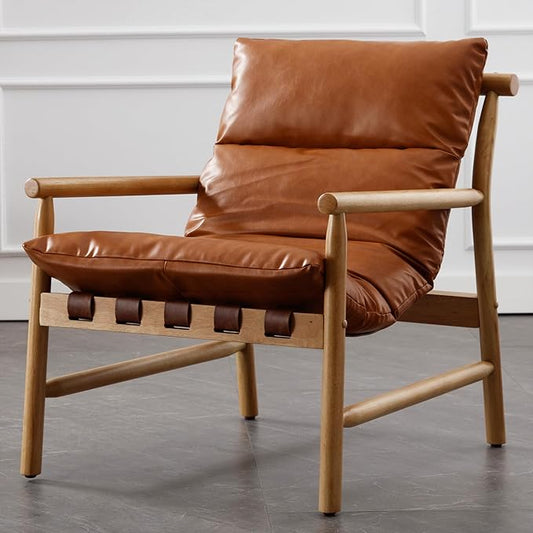 Faux Leather Accent Chair Mid Century Modern Living Room Chairs Comfy Arm Chair with Solid Wood Frame Upholstered Lounge Reading Chair Cozy Recliner for Guest Room/Bedroom, Brown, 7533AC