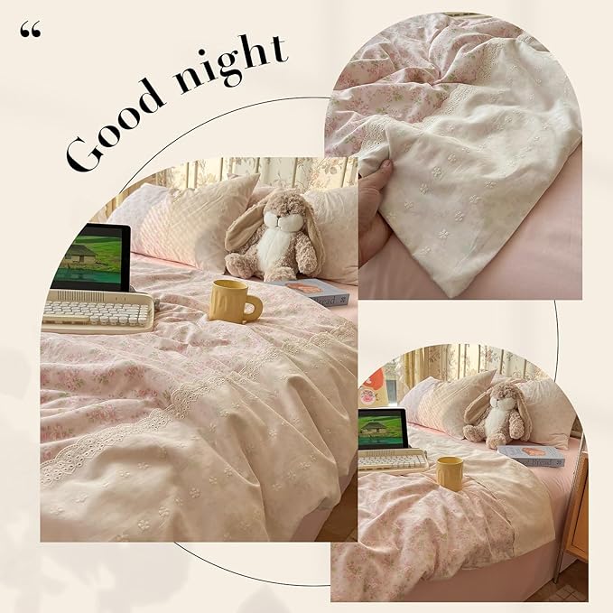 LifeTB Pink Floral Duvet Cover Twin XL Romantic Lace Bedding Set Garden Style Cottagecore Flower Duvet Cover with Zipper Closure Soft Washed Microfiber Botanical Comforter Cover for Teen Girls