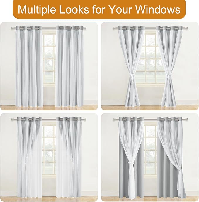 DWCN Layered Curtains for Living Room Blackout and Sheer Curtains Grommet Top Window Treatments with Sheer Overlay for Bedroom, 52 W by 96 L, Cloud Grey, 2 Pieces