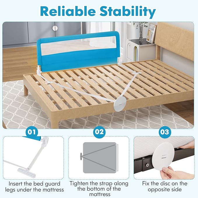 HONEY JOY Bed Rail for Toddlers, 59-in Extra Long, Portable Safety Bed Guardrail w/Double Safety Child Lock, Foldable Baby Bed Rail Guard, Fit King & Queen Full Twin Size Bed Mattress (1 Pack, Blue)