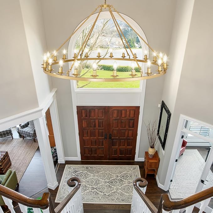 Wagon Wheel Chandelier, 24-Light Gold Large Round Modern Farmhouse Chandelier with Adjustable Height Island Light Fixture for High Ceiling Dining Room, Kitchen, Living Room, Entryways, Foyer