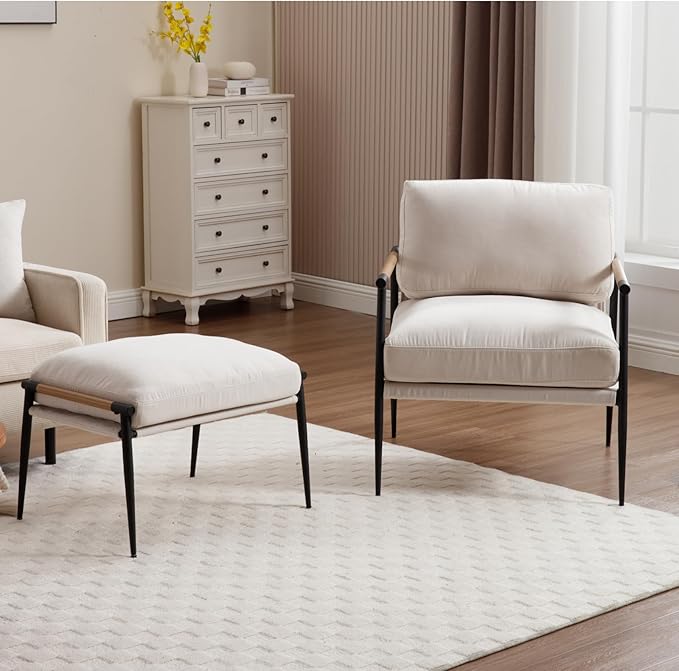 DUOMAY Cute Chenille Single Footrest, Upholstered Footstool with Black Metal Legs Mid Century Modern Vanity Room Ottoman Shoe Stool for Living Room Bedroom Dressing Room, Beige