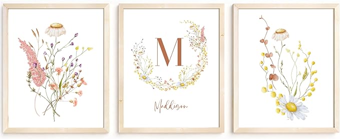 Personalized Name Flower Nursery Wall Art Prints, Crib & Nursery décor, Newborn Baby Girl Gift Present, Floral Baby Girl Room Pictures, Poster For Baby And Kids (3 Prints, Flower 5)