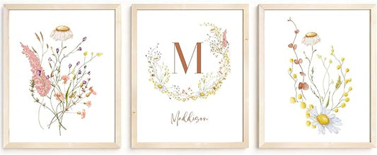 Personalized Name Flower Nursery Wall Art Prints, Crib & Nursery décor, Newborn Baby Girl Gift Present, Floral Baby Girl Room Pictures, Poster For Baby And Kids (3 Prints, Flower 5)