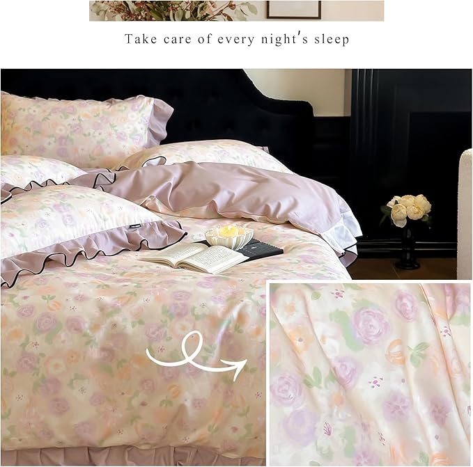 HighBuy Purple Floral Ruffle Duvet Cover Set King Brushed Cotton Durable with Ruffle Edge,Boho Chic Cottagecore Floral Bedding Comforter Cover Set - (1 Duvet Cover with 2 Pillow Shams)